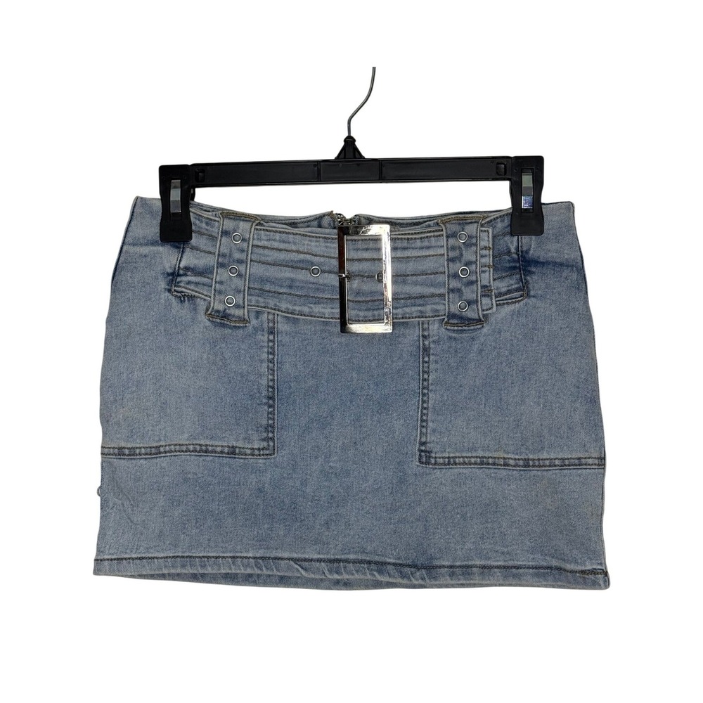 Edikted Micro Mini Denim Skirt Womens Small Light Wash Excellent Buckle Zip Back